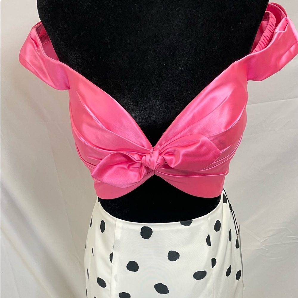 Sherri Hill two piece off the shoulder bodice & polka dots mermaid skirt